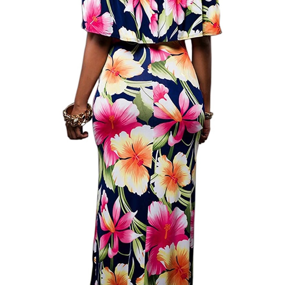 Floral Printed Off-the-Shoulder Bodycon Maxi Dress. - Picture 4 of 9
